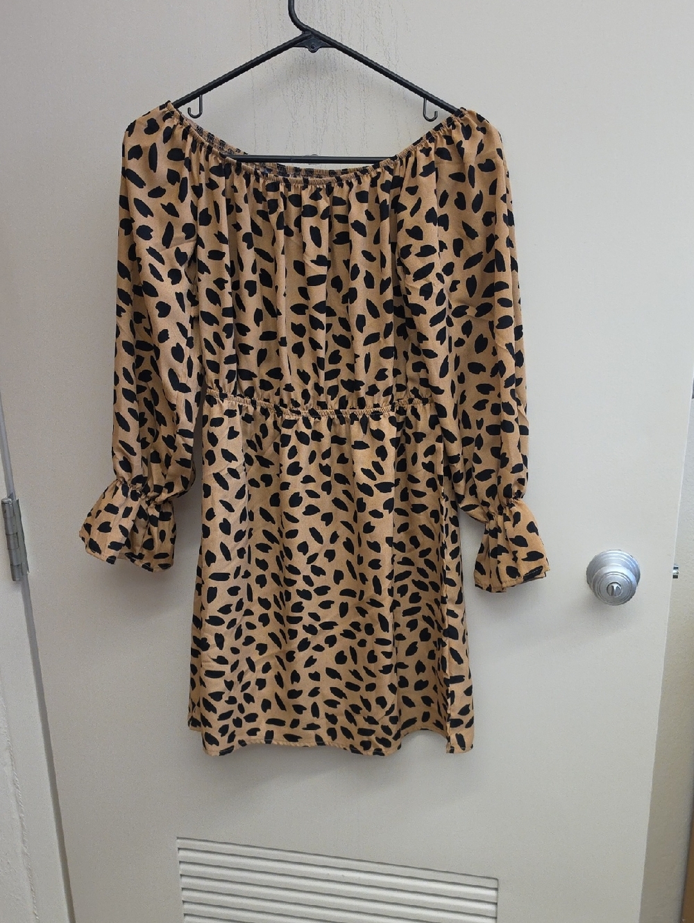 Tan & Black Off-Shoulder Printed Mini Dress